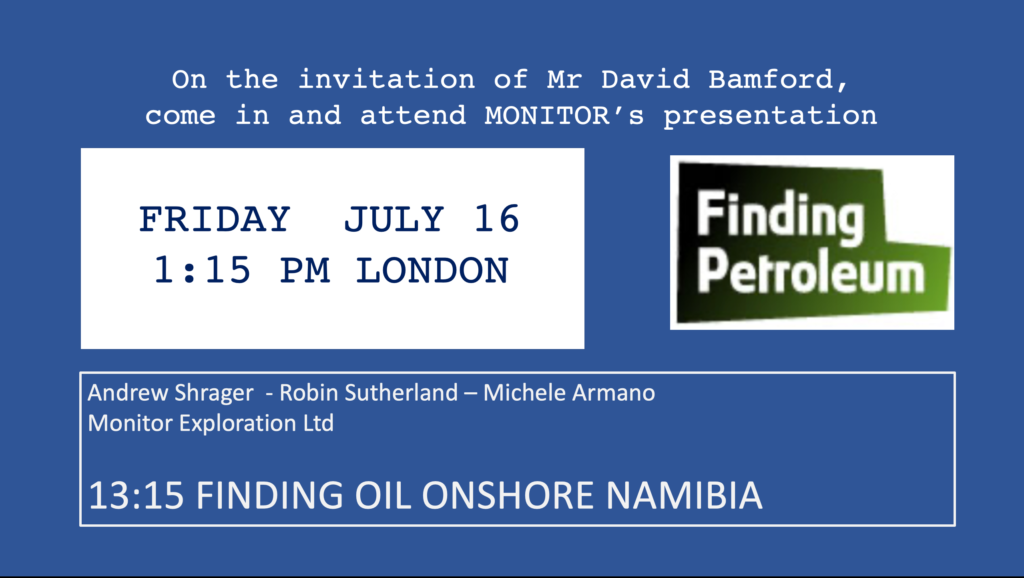 Finding Petroleum webinar by David Bamford and MEL Monitor participation for Finding Oil Onshore Namibia